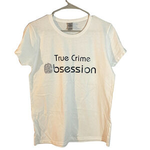 Gildan Women’s White True Crime Graphic T-Shirt Fingerprint Logo Cotton Medium